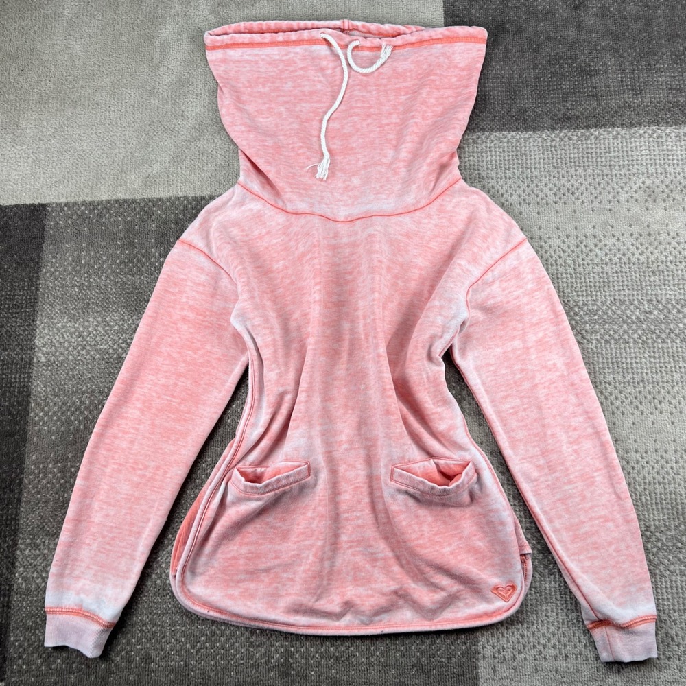Roxy Womens Large Pink Acid Wash Cowl Neck Pullover Hoodie Sweatshirt Pocket